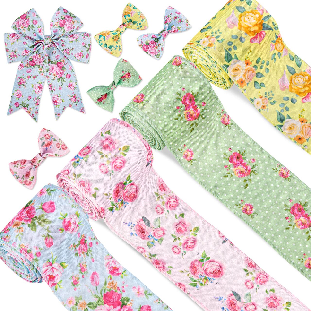 Vintage Floral Wired Edge Ribbon Spring Rose Flower Pattern Ribbon 4 Rolls Summer Floral Fabric Decorative Craft Ribbon for Gift Wrapping Decor Hair Bow Sewing Wreath Crafts, 20 Yard x 2.5 in